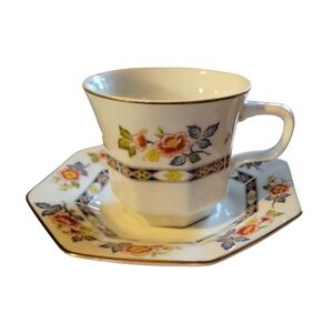 1 Vtg Cup Saucer Geisha Momoyama Yellow Orange Flowers Blue Green Leaves